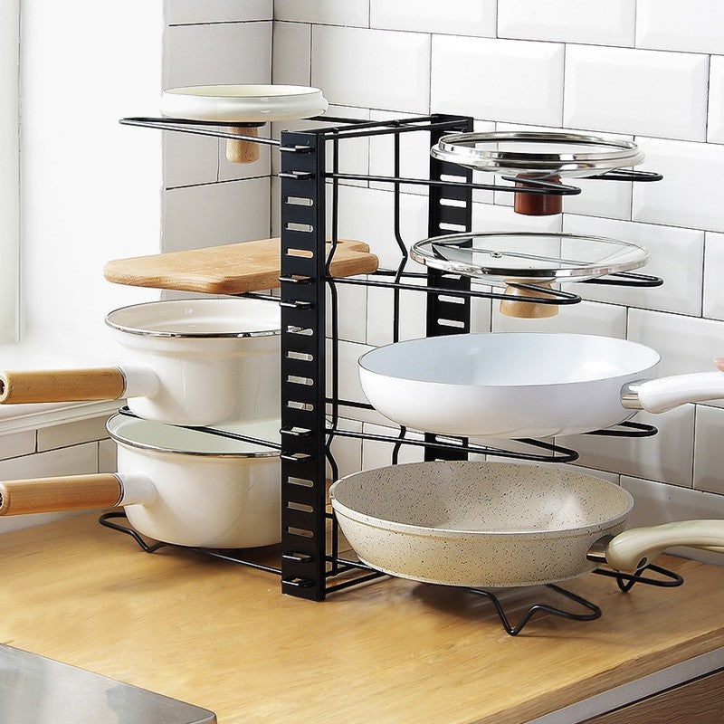 Locaupin Pots and Pans Organizer Pot Rack Organizer Adjustable 8 Tiers Pan Rack for Kitchen Counter Cabinet