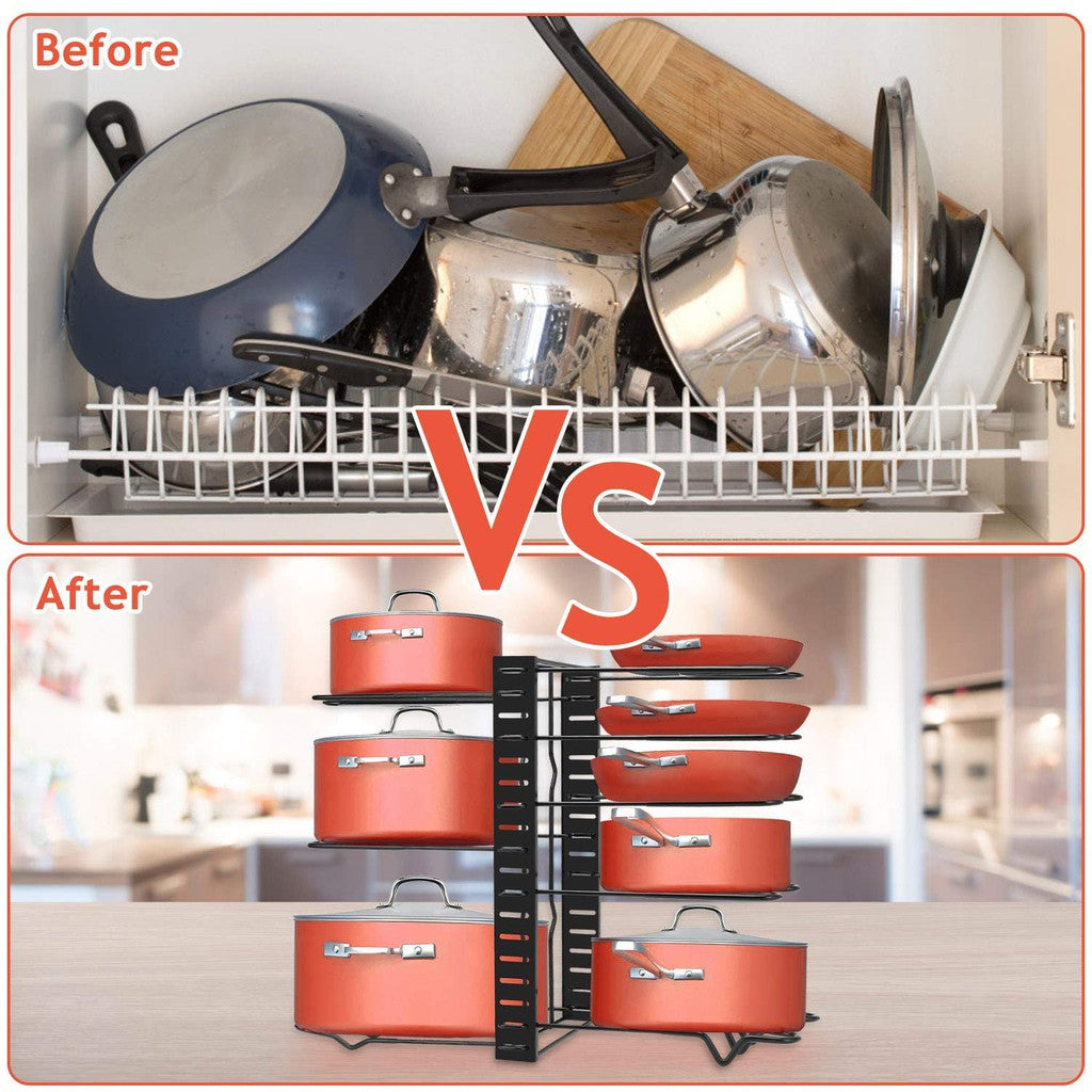 Locaupin Pots and Pans Organizer Pot Rack Organizer Adjustable 8 Tiers Pan Rack for Kitchen Counter Cabinet
