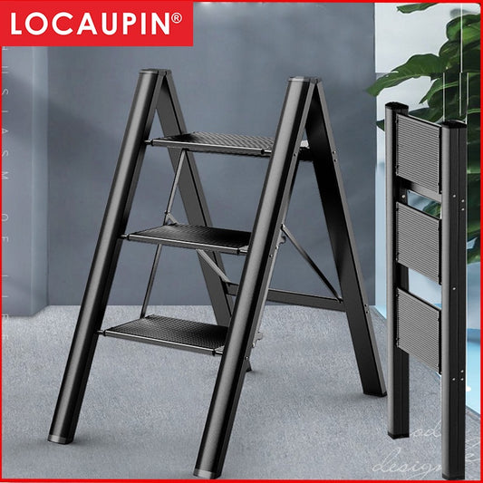 Locaupin 3 Steps Ladder Black Aluminum Lightweight Folding with Anti-Slip & Wide Pedal for Home and Kitchen Space Saving