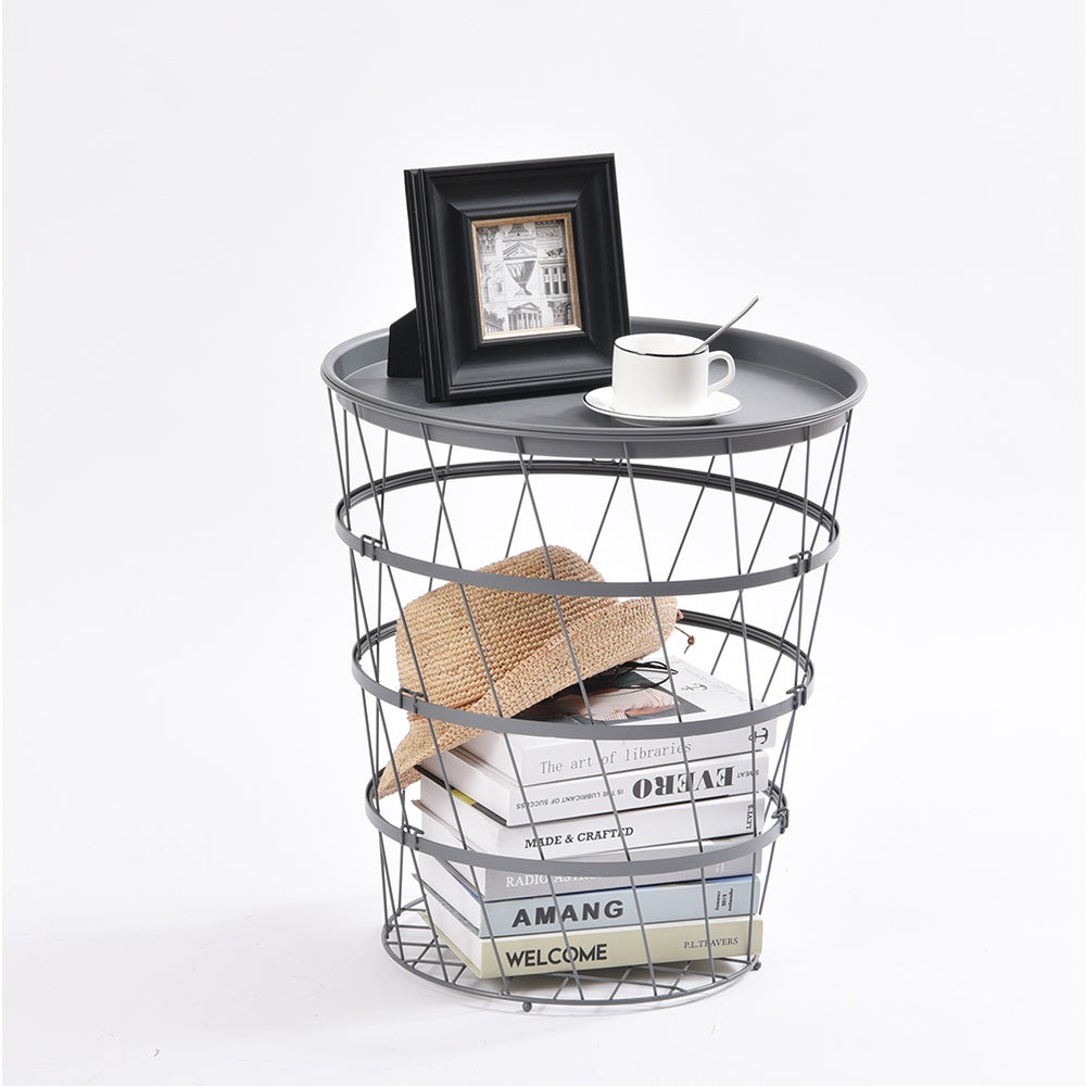 Locaupin Easy Assemble Modern Snack Coffee Side Table Wire Metal Multifunctional Storage Basket Shelf Lifting Top Plate