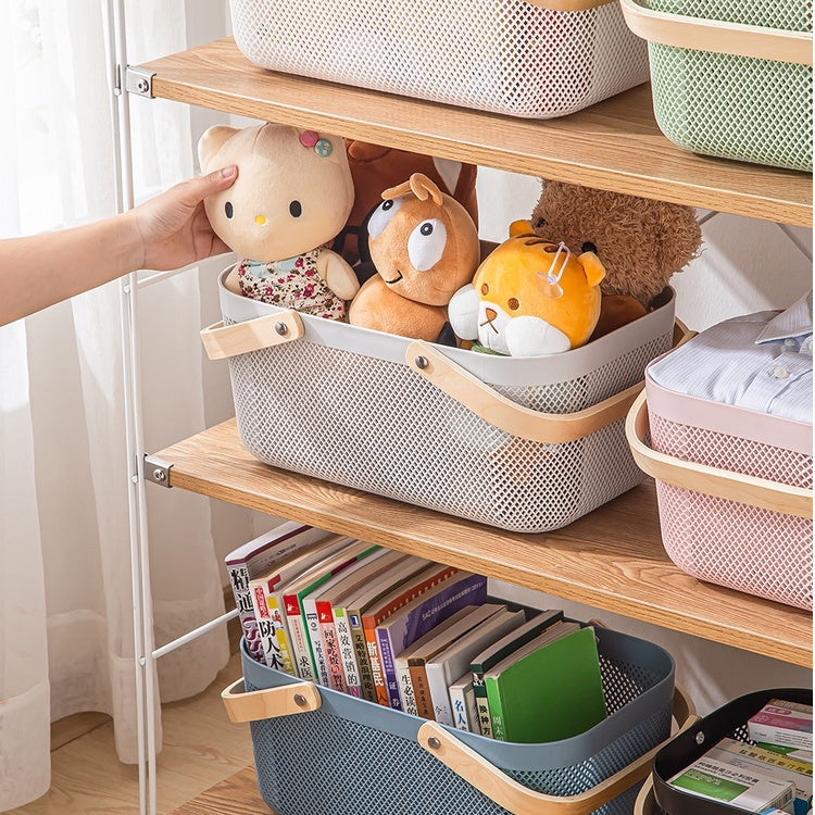 Locaupin Storage Organizer Basket Bin with Wood Handle Ideal for Kitchen Bathroom Pantry Cabinets Home Decor