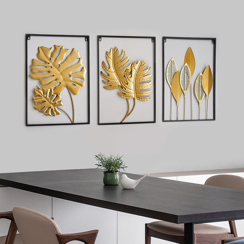 Locaupin Gold Metal Wall Art with Frame, Accent Leaves Wall Decor Leaf Wall Hanging Decor