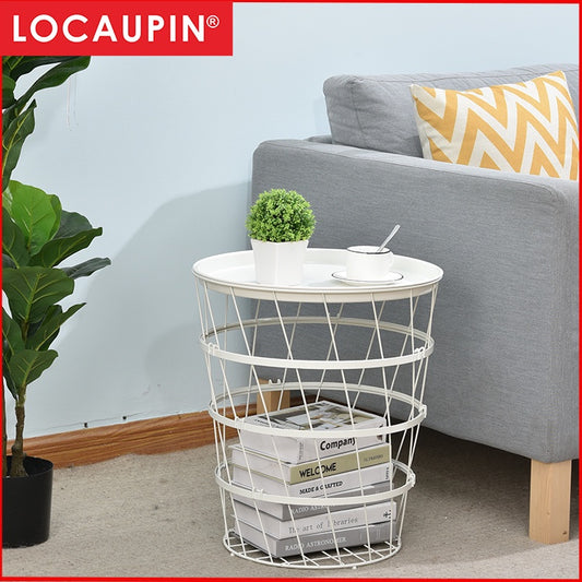Locaupin Easy Assemble Modern Snack Coffee Side Table Wire Metal Multifunctional Storage Basket Shelf Lifting Top Plate