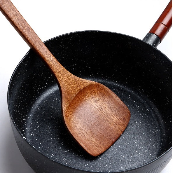 Locaupin Natural Ebony Wood Wok Spatula, Long Handle, Handmade for Non-stick Cookware Kitchen Utensils