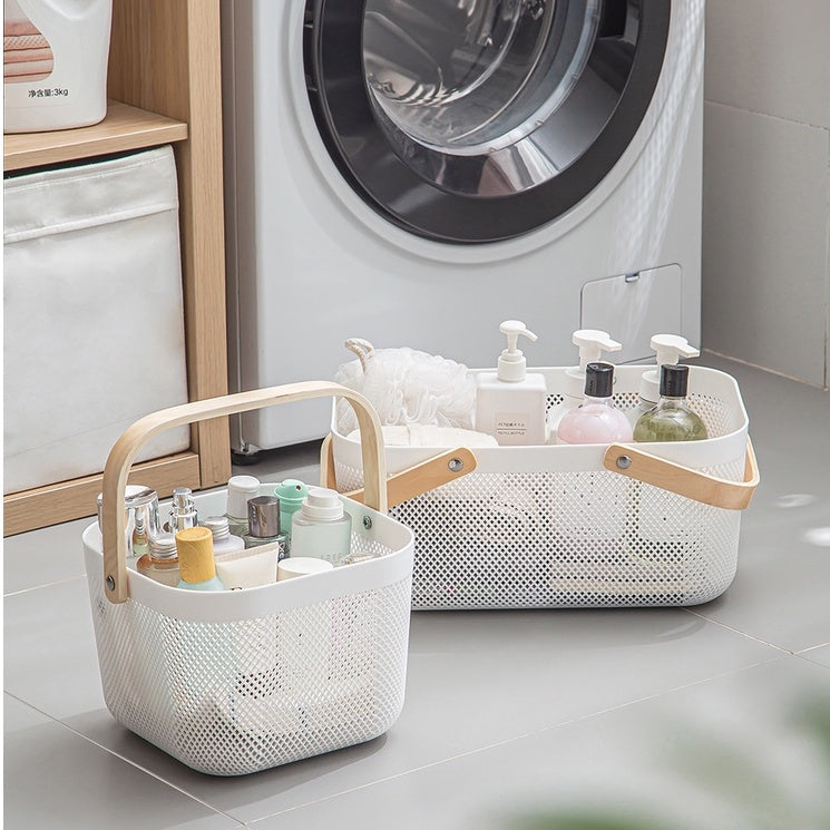 Locaupin Storage Organizer Basket Bin with Wood Handle Ideal for Kitchen Bathroom Pantry Cabinets Home Decor