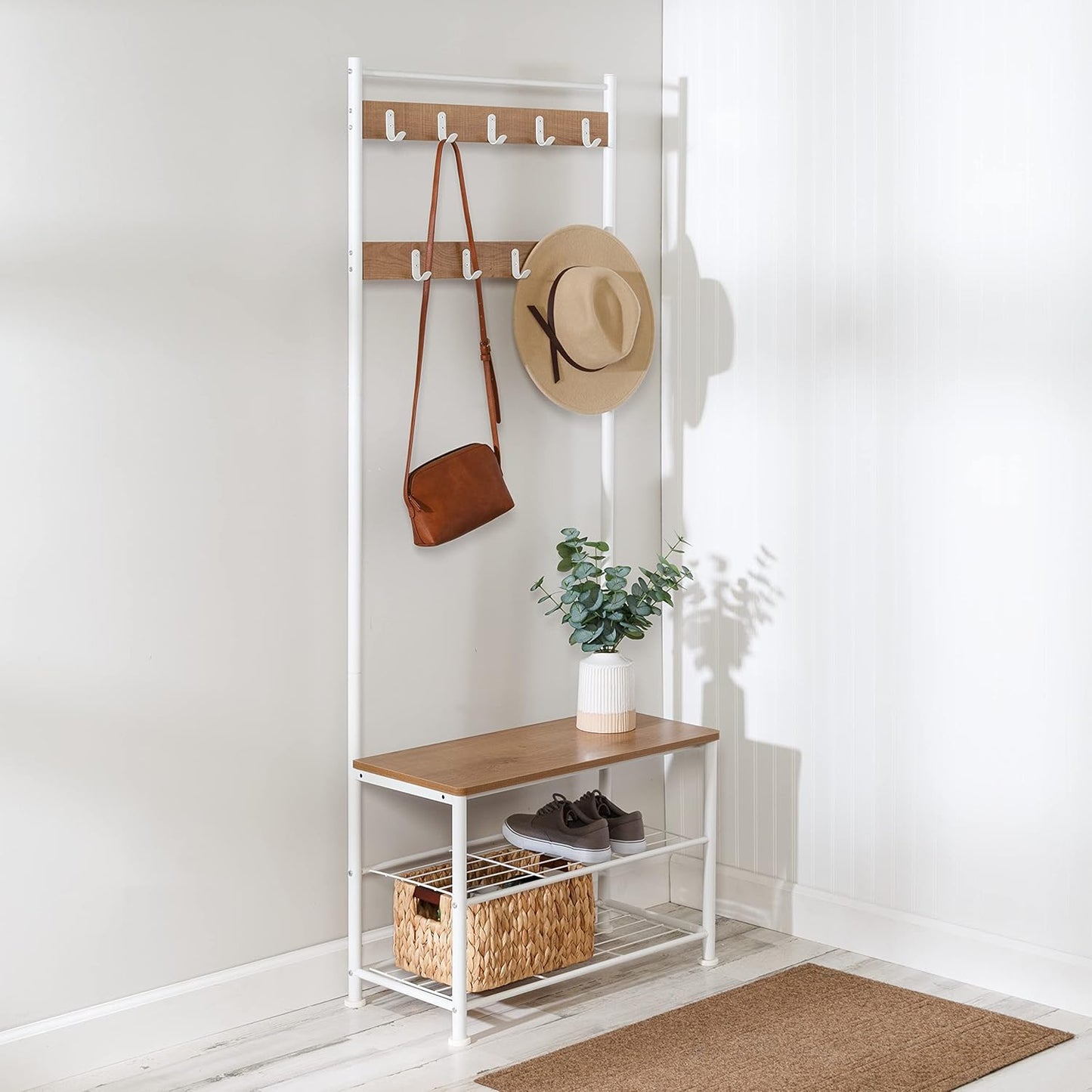 Locaupin Premium Entryway Organizer - Multi-Functional Hall Tree with Coat Racks & Shoe Storage Bench