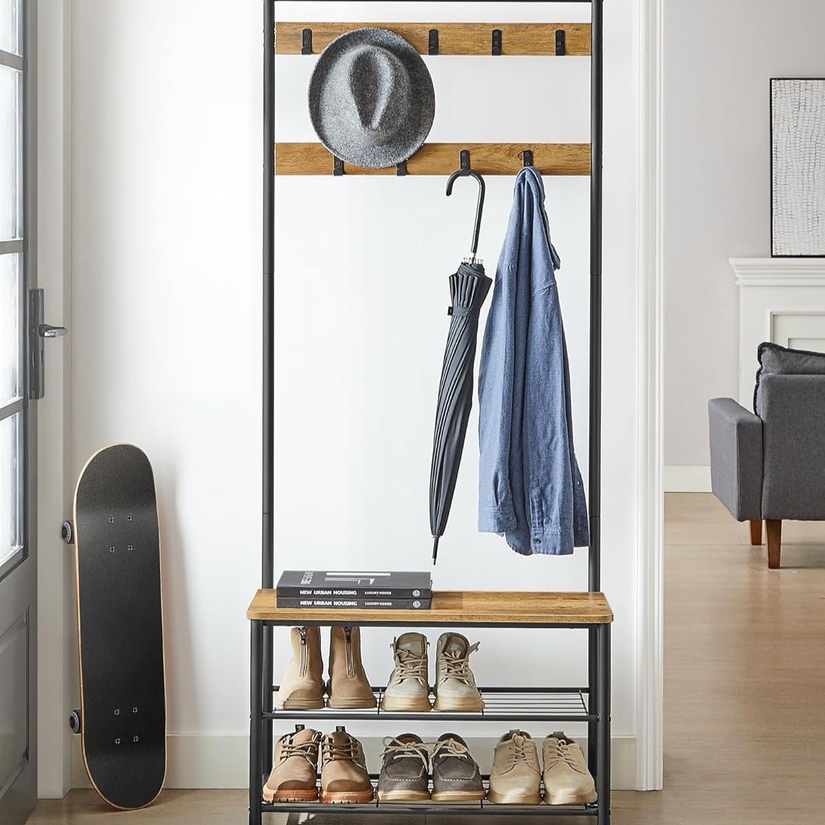 Locaupin Premium Entryway Organizer - Multi-Functional Hall Tree with Coat Racks & Shoe Storage Bench