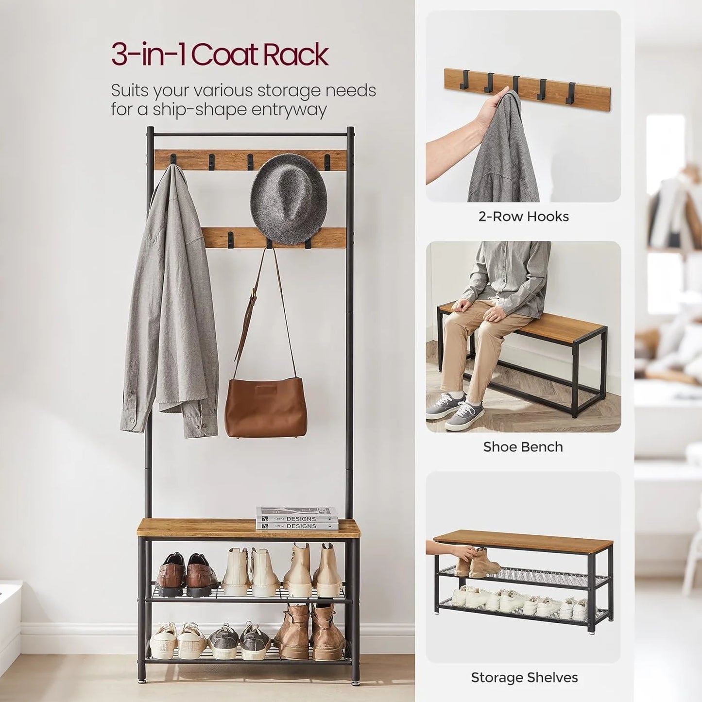 Locaupin Premium Entryway Organizer - Multi-Functional Hall Tree with Coat Racks & Shoe Storage Bench