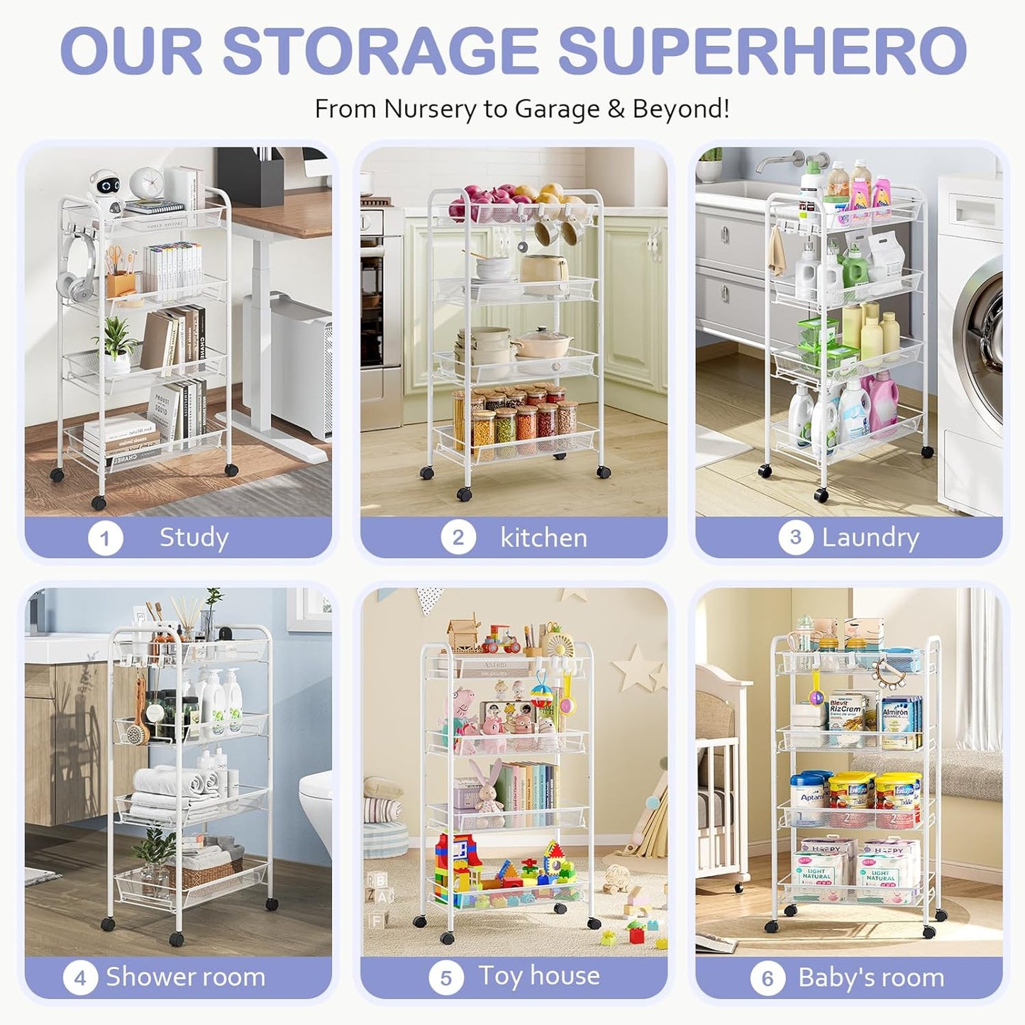 Locaupin Mesh Wire Rolling Cart, Kitchen Storage Utility Cart, Multifunction Basket Stand for Bathroom, Full Metal Storage Art Trolley Carts