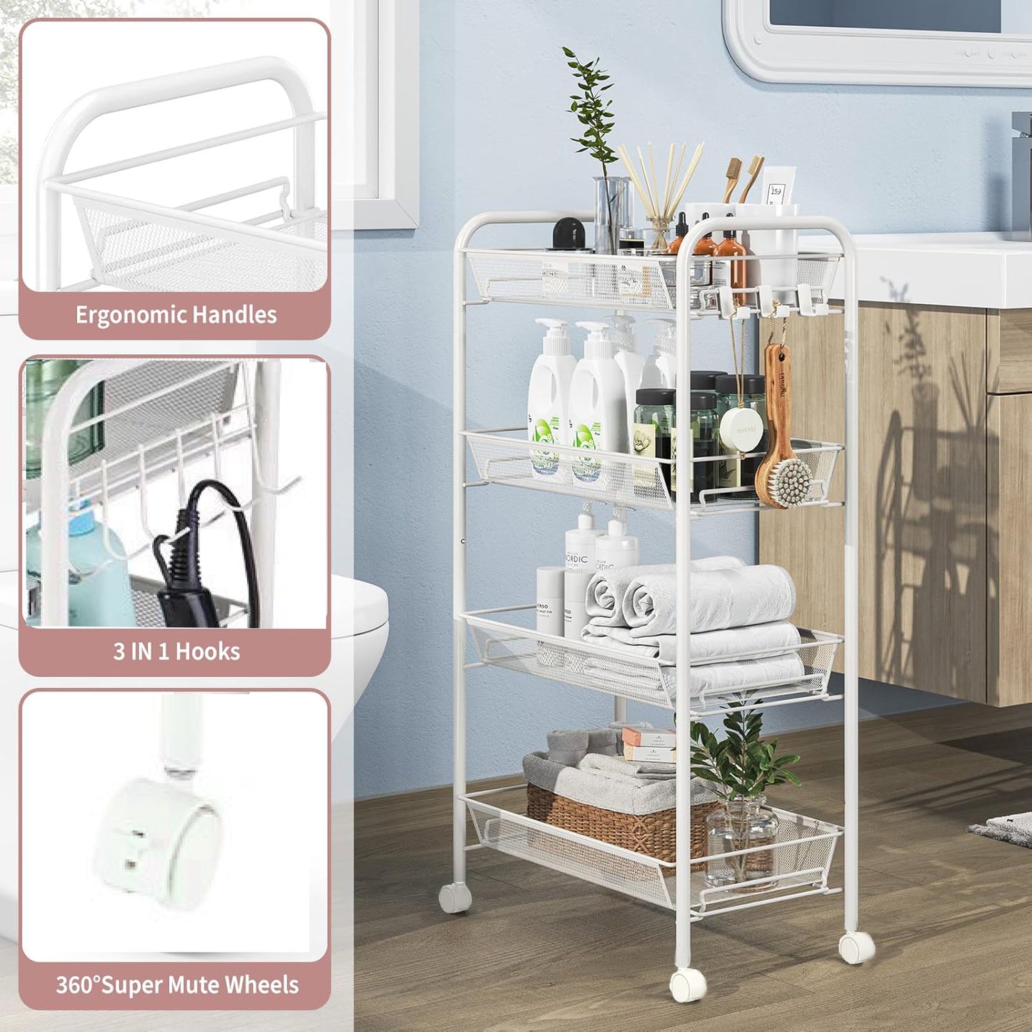 Locaupin Mesh Wire Rolling Cart, Kitchen Storage Utility Cart, Multifunction Basket Stand for Bathroom, Full Metal Storage Art Trolley Carts