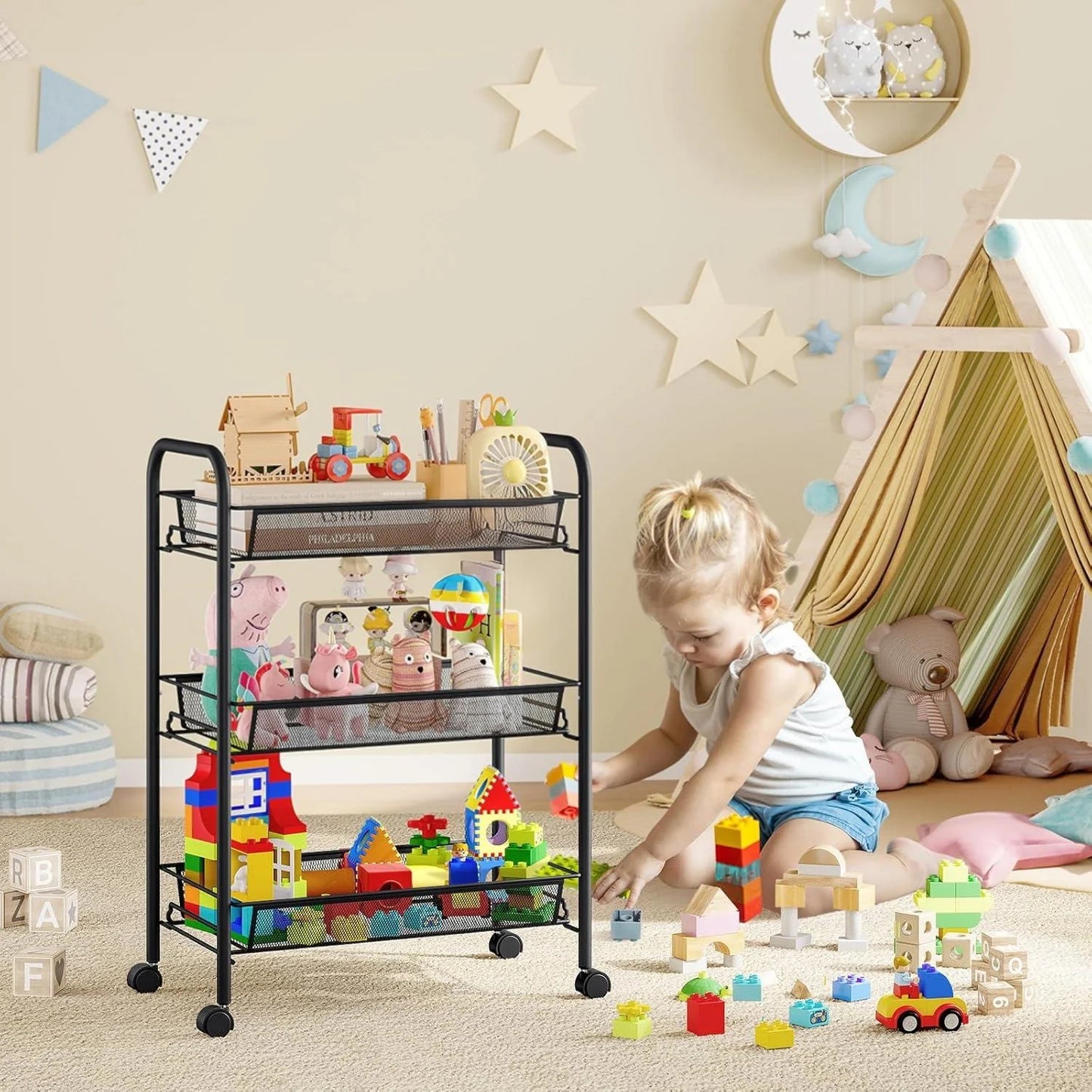 Locaupin Mesh Wire Rolling Cart, Kitchen Storage Utility Cart, Multifunction Basket Stand for Bathroom, Full Metal Storage Art Trolley Carts