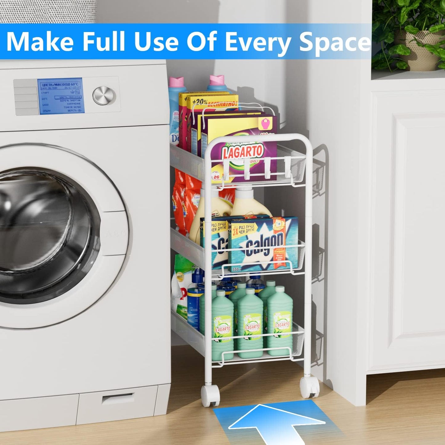 Locaupin Mesh Wire Rolling Cart, Kitchen Storage Utility Cart, Multifunction Basket Stand for Bathroom, Full Metal Storage Art Trolley Carts