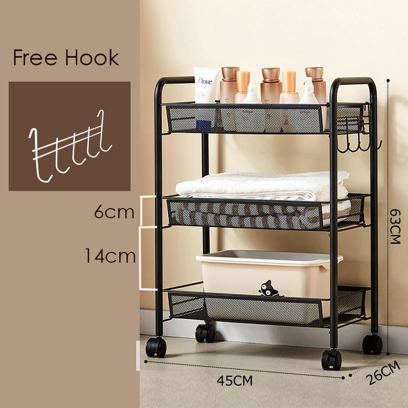 Locaupin Mesh Wire Rolling Cart, Kitchen Storage Utility Cart, Multifunction Basket Stand for Bathroom, Full Metal Storage Art Trolley Carts