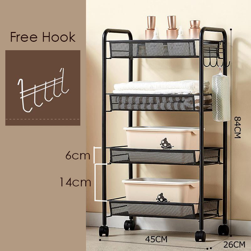 Locaupin Mesh Wire Rolling Cart, Kitchen Storage Utility Cart, Multifunction Basket Stand for Bathroom, Full Metal Storage Art Trolley Carts