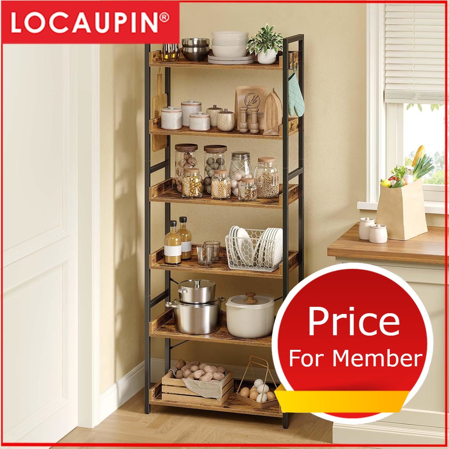 Locaupin Bookshelf 5 Tier – Industrial Vintage Metal Bookcase,Display Standing Shelf