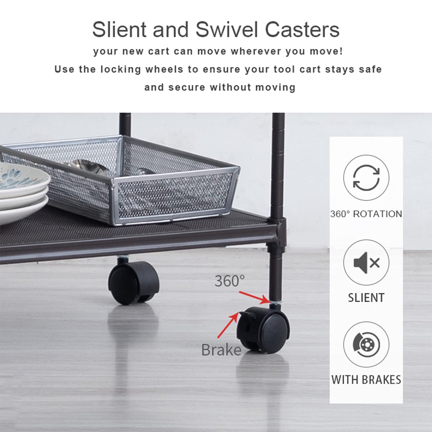 Locaupin Storage Shelf with Wheels-Adjustable 4 Tier Mesh Wire Shelving Unit, Standing Storage Rack, Organizer Shelves