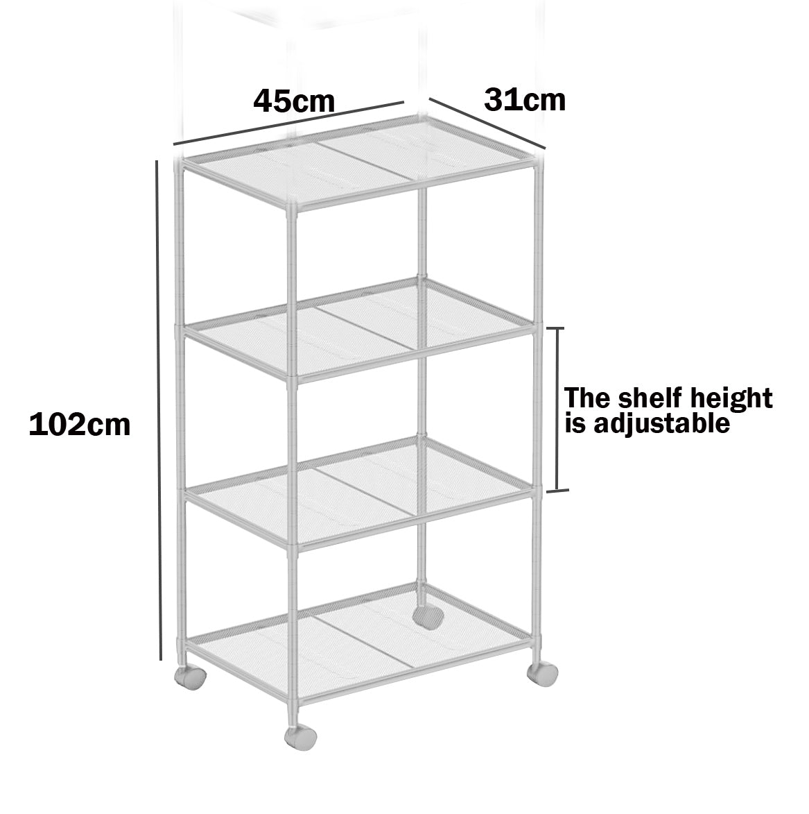 Locaupin Storage Shelf with Wheels-Adjustable 4 Tier Mesh Wire Shelving Unit, Standing Storage Rack, Organizer Shelves