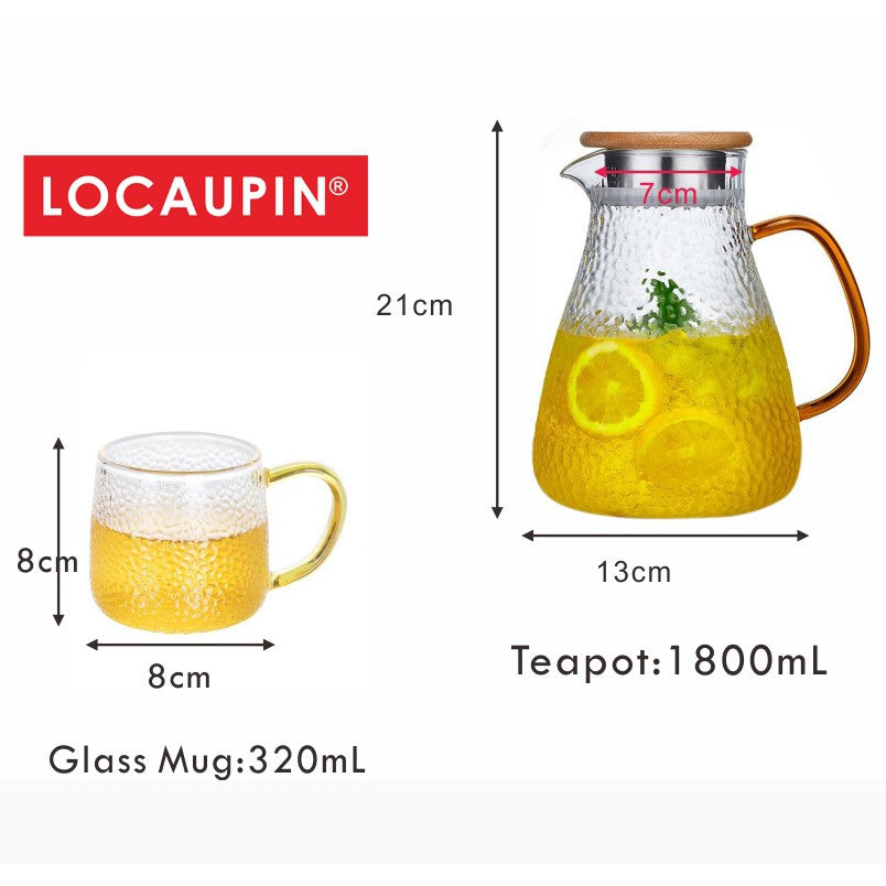 Locaupin 1800mL150ā Heat-resistant Borosilicate Glass Bottle Pitcher ,Glass Cups Hot Cold Water Juice Beverage Carafe