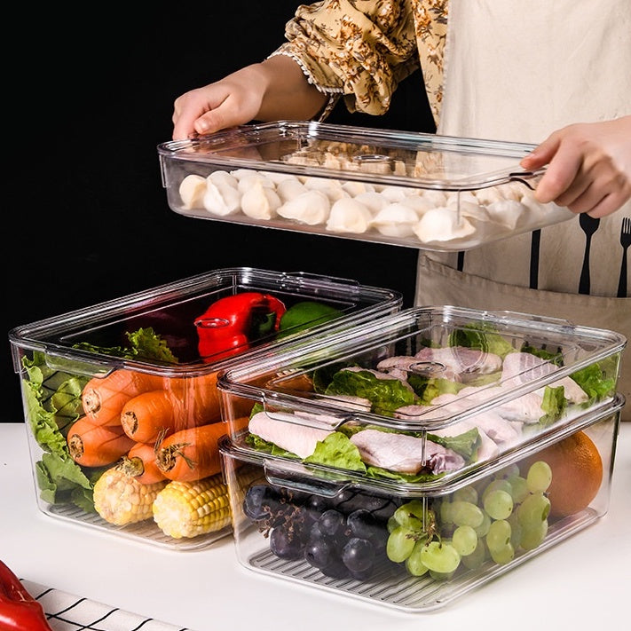 Locaupin Food Storage Containers Stackable Refrigerator Organizer Bins Baskets with Lids and Removable Drain Basket