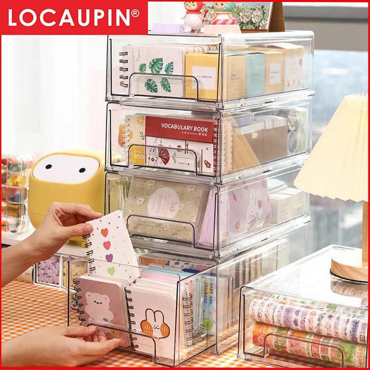 Locaupin Desk Organizer,Stackable Organizer Drawers, Clear Desk Storage Box,Stacking Desktop Organizer for Office &Home