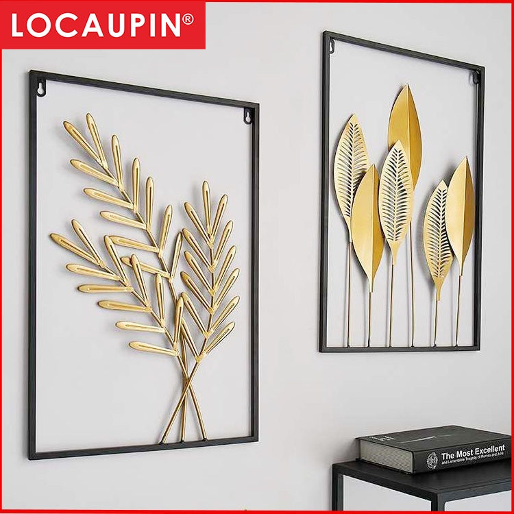 Locaupin Gold Metal Wall Art with Frame, Accent Leaves Wall Decor Leaf Wall Hanging Decor
