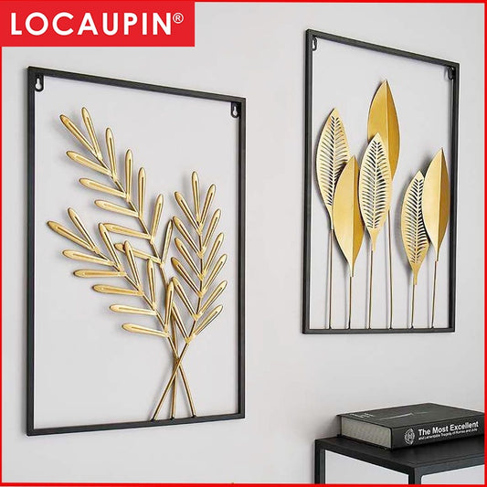 Locaupin Gold Metal Wall Art with Frame, Accent Leaves Wall Decor Leaf Wall Hanging Decor