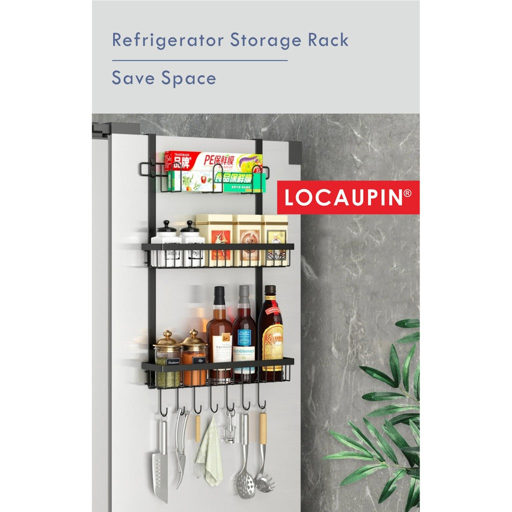 Locaupin 2/3Tier Fridge Organizer Spice Rack with Paper Towel Holder with Hooks Refrigerator Shelf in Kitchen