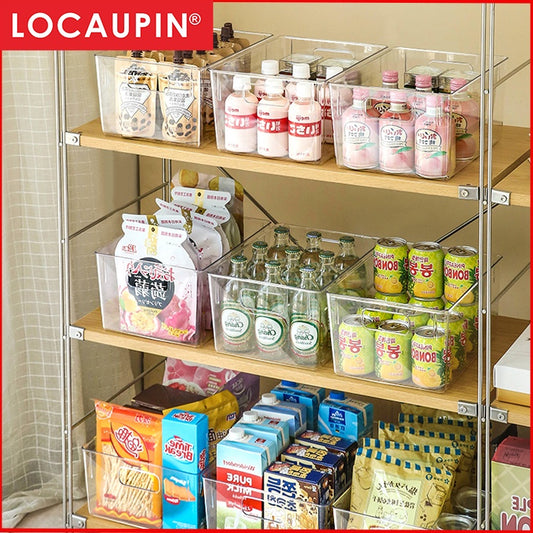 Locaupin Plastic Refrigerator Organizer Bins Fridge Organizers Storage Clear Bin with Handle for Kitchen Pantry