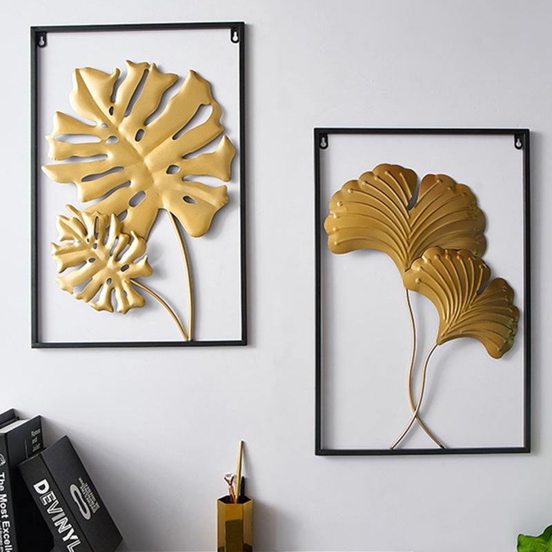 Locaupin Gold Metal Wall Art with Frame, Accent Leaves Wall Decor Leaf Wall Hanging Decor
