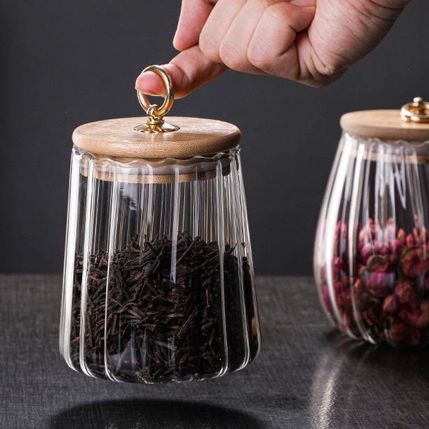 Locaupin Borosilicate Glass Storage Jars ,Clear Glass Food Storage Containers with Airtight Wood Lid Kitchen Canisters