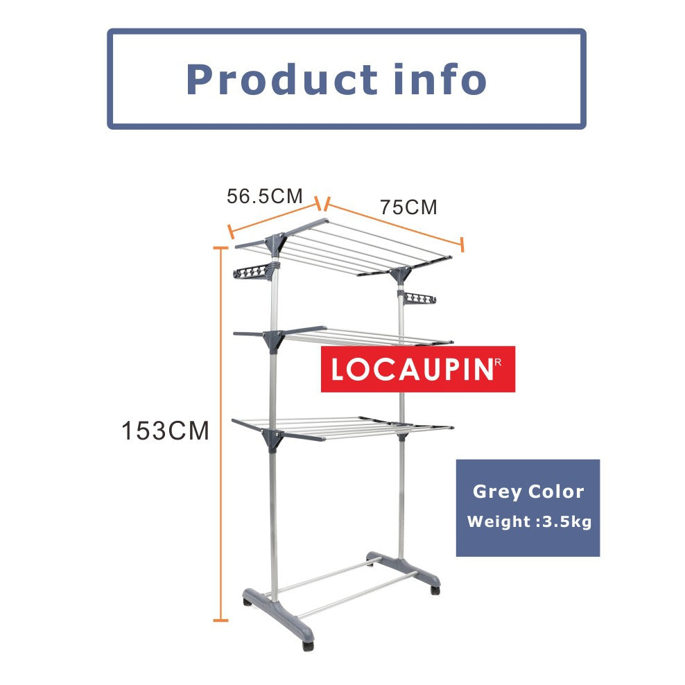 Locaupin 3 Tier Grey Color Foldable Drying Rack Clothes Rack Clothes Wardrobe Hanger Rack
