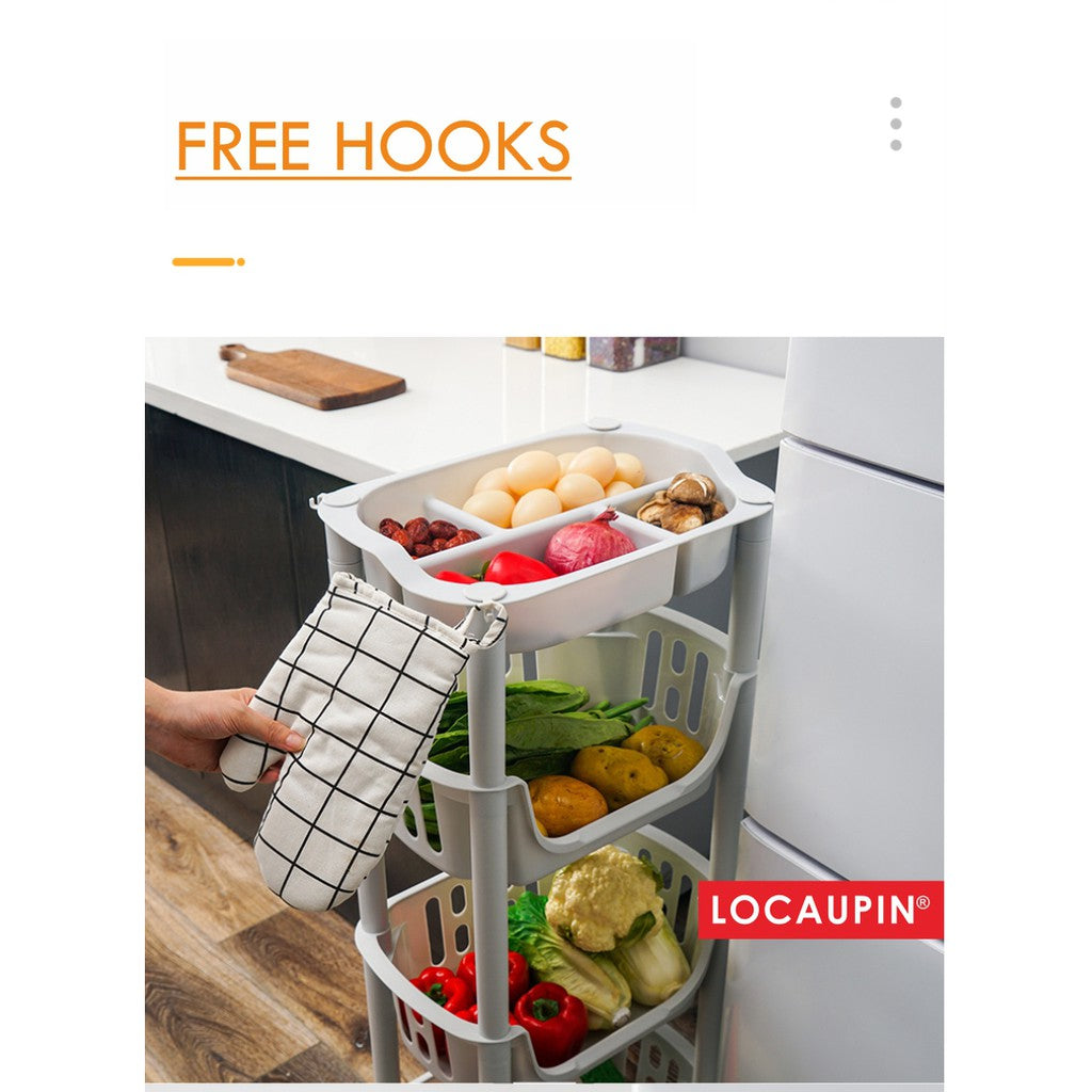 Locaupin 4Tier Kitchen Storage Trolley with Wheels Plastic Fruit Vegetable Rack for Bathroom Multifunction Organizer