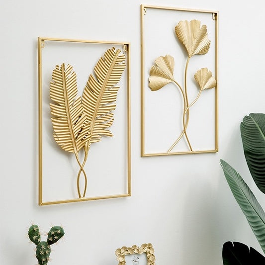 Locaupin Gold Metal Wall Art with Frame, Accent Leaves Wall Decor Leaf Wall Hanging Decor