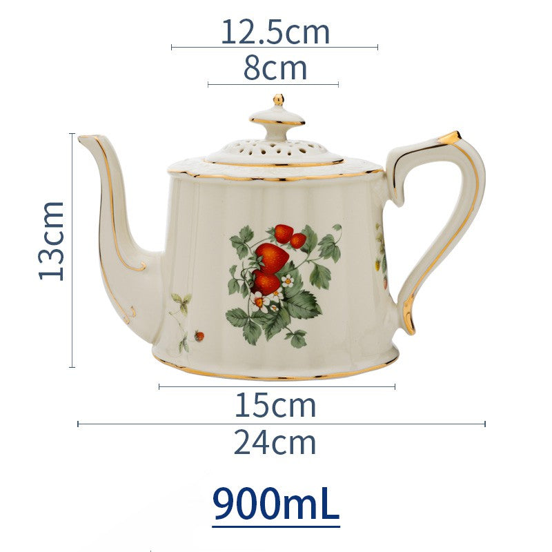 Locaupin Ceramic Tea Pot, Coffee Pot, European Ceramic Vintage Teapot with Gold Edge Strawberry Cute Design,Good Gift