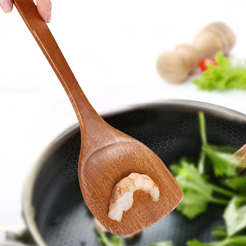 Locaupin Natural Ebony Wood Wok Spatula, Long Handle, Handmade for Non-stick Cookware Kitchen Utensils