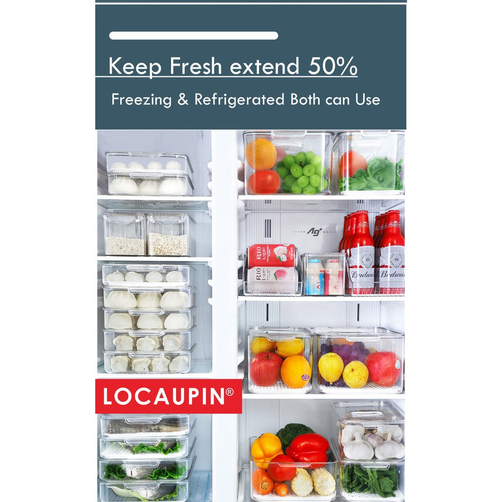 Locaupin Stackable Kitchen Pantry Cabinet Refrigerator Freezer Food Storage Box with Handles Lid - Organization