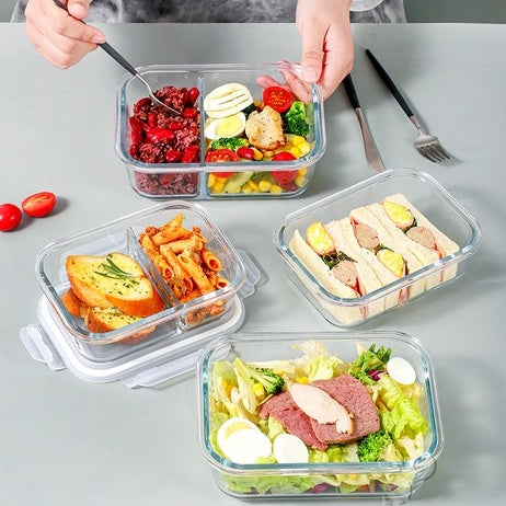 Locaupin Glass Container Plastic Lids ,Leak Proof Lunch Boxes Refrigerator Keep Fresh Food Container Microwave safe