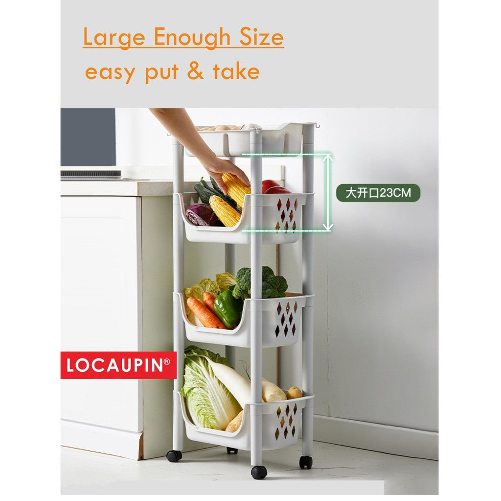 Locaupin 4Tier Kitchen Storage Trolley with Wheels Plastic Fruit Vegetable Rack for Bathroom Multifunction Organizer