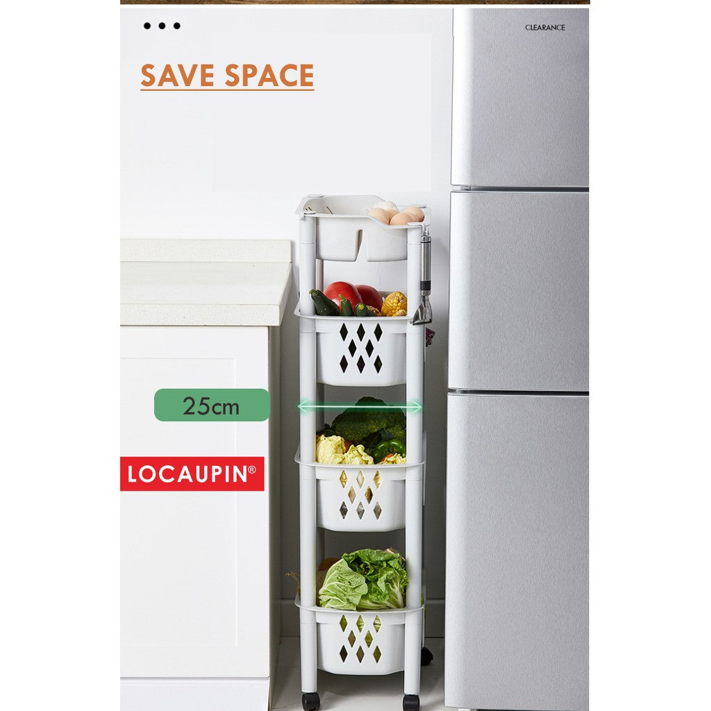 Locaupin 4Tier Kitchen Storage Trolley with Wheels Plastic Fruit Vegetable Rack for Bathroom Multifunction Organizer
