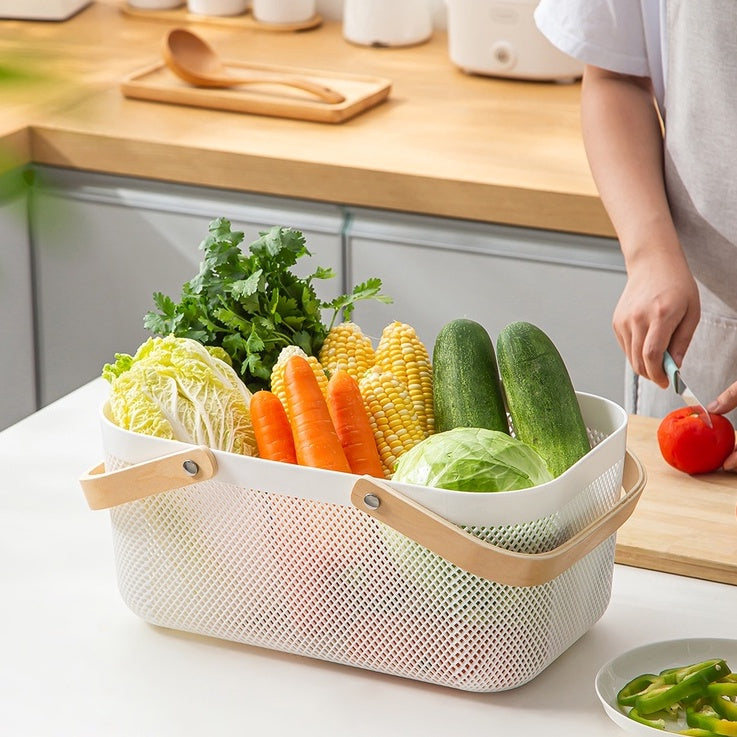 Locaupin Storage Organizer Basket Bin with Wood Handle Ideal for Kitchen Bathroom Pantry Cabinets Home Decor