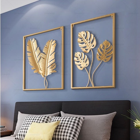 Locaupin Gold Metal Wall Art with Frame, Accent Leaves Wall Decor Leaf Wall Hanging Decor