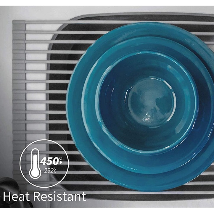 Locaupin Kitchen Large Roll Up Dish Drying Rack - Heavy Duty Silicone Wrapped Steel Rods Over Sink Dish Drying Rack