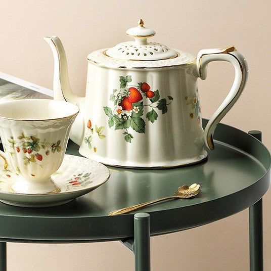 Locaupin Ceramic Tea Pot, Coffee Pot, European Ceramic Vintage Teapot with Gold Edge Strawberry Cute Design,Good Gift