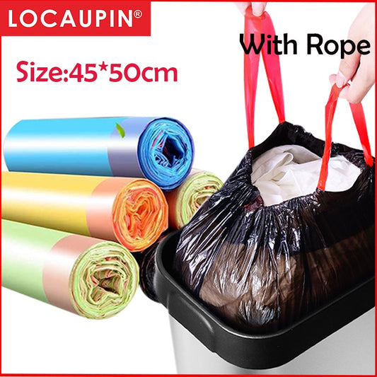 Locaupin Home Garbage Bags office Cleaning Drawstring Handle Trash Bags With Rope 15pcs/Roll (45*50cm)
