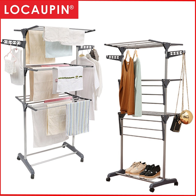 Locaupin 3 Tier Grey Color Foldable Drying Rack Clothes Rack Clothes Wardrobe Hanger Rack
