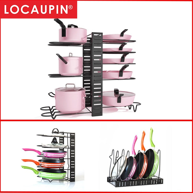 Locaupin Pots and Pans Organizer Pot Rack Organizer Adjustable 8 Tiers Pan Rack for Kitchen Counter Cabinet