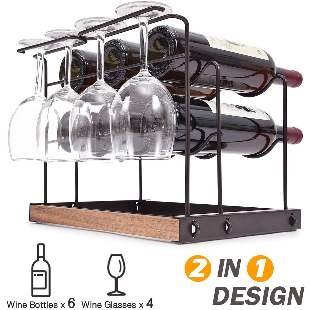 Locaupin Wine Rack 6 Bottles,Countertop Wine Bottles Holder Racks,Wine Storage Organizer,with 4 Wine Glass Drying Rack