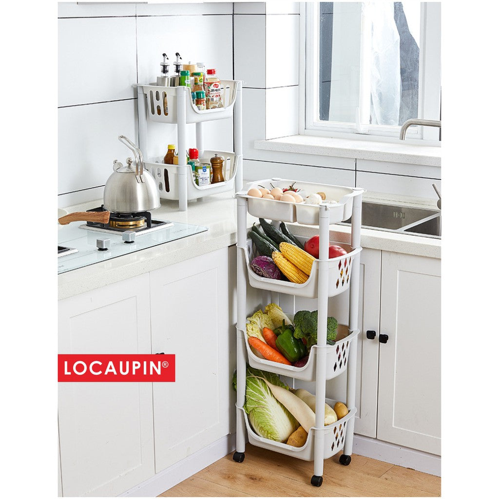 Locaupin 4Tier Kitchen Storage Trolley with Wheels Plastic Fruit Vegetable Rack for Bathroom Multifunction Organizer