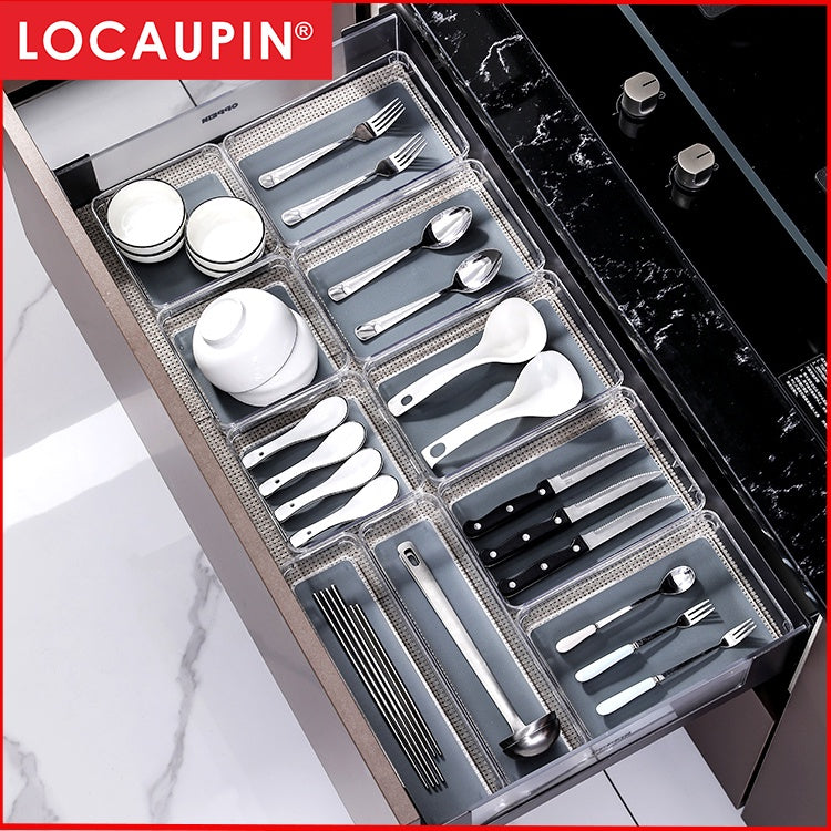 Locaupin Drawer Organizer Desk Drawer 5 Size Multipurpose Clear Plastic Storage Bins for Jewelries, Kitchen Gadgets