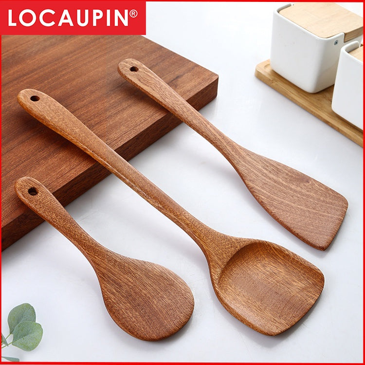 Locaupin Natural Ebony Wood Wok Spatula, Long Handle, Handmade for Non-stick Cookware Kitchen Utensils